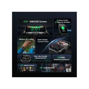 3 Paramètres du produit : Modèle : OSW-812 Écran d'affichage : 2,01 '' AMOLED (390 * 450) Version BT : V5.2 Matériau : ABS/PC/gel de silice Type de batterie : lithium-polymère Capacité de la batterie : 340 mAh Temps de charge : 3 heuresNormal Durée d'utilisation : 24 jours Autonomie en veille : 60 jours Taille de la montre : 50,5 * 40 * 13,2 mm Poids : 41,5 g Étanchéité : IP68 *Résultats des tests en laboratoire d'oraimo. Caractéristiques du produit :