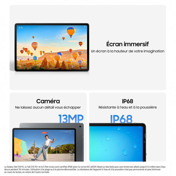 LD0006229707 <strong>Samsung Galaxy Tab S10 FE+</strong> est également livré avec un <strong>S Pen</strong>, offrant des fonctionnalités avancées pour la prise de notes et le dessin, ce qui en fait un outil idéal pour les professionnels et les créatifs. Disponible sur <i> <span style="color: #ff00ff"><strong><em><a style="color: #ff00ff" href="https://bit.ly/App-PhonesStore-Android">Phones Store</a></em></strong></span>U</i>niquement au meilleur prix du marché. ‎Retrouvez ici ces caractéristiques :Téléchargez l’application <span style="color: #ff00ff"><em><strong><a style="color: #ff00ff" href="https://bit.ly/App-PhonesStore-Android">Phones Store</a> </strong></em></span>ici pour ne rien rater <ul> <li><strong>Mémoire RAM</strong> : 12Go</li> <li><strong>Mémoire interne</strong> : 256Go</li> <li><strong>Batterie</strong> <span dir="auto">10090 mAh</span>:  Charge rapide <span style="color: #555555">Oui jusqu’à 45W</span></li> <li><strong>Caméra arrière</strong> :13.0 MP</li> <li><strong>Caméra avant (selfie)</strong> : 12 Mpx</li> <li><strong>Processeur</strong> <span dir="auto">Exynos 1580 (4 nm)</span>:<span dir="auto">cta-core (1x2,9 GHz Cortex-A720 et 3x2,6 GHz Cortex-A720 et 4x1,9 GHz Cortex-A520) </span><span dir="auto">Xclipse 5</span><span dir="auto">4</span></li> <li><strong>Système d’exploitation</strong> : Android 15, One UI 7</li> <li><strong>Écran</strong> : <span dir="auto">13,1 pouces, 497,6 cm2 </span><sup><span dir="auto">(</span></sup><span dir="auto"> ~85,0 % de rapport écran/co</span></li> <li><strong>Carte SIM</strong> : Double SIM (1 physique + 1 eSIM)</li> <li><strong>Réseaux</strong> : 5G</li> <li><strong>Poids</strong> :664 grammes</li> <li><span class="xm-text f-bold " data-key="spec_65" data-type="text" data-id="555898baa9">Résistance à l’eau et à la poussière I</span><span class="xm-text f-light " data-key="spec_66" data-type="text" data-id="efb4b95e98">P68</span></li> <li><strong>Garantie 12 mois sav</strong></li> <li>Localisations <strong><a href="https://bit.ly/AdressePhonesStore"><span style="color: #ff00ff">Phones Store</span> </a></strong></li> </ul>