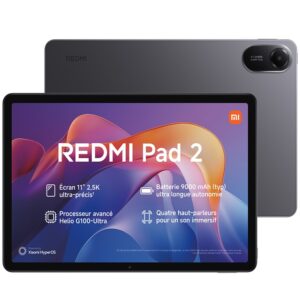xiaomi redmi pad 2 8go256go 1 <strong>Xiaomi Redmi Pad 2</strong> 8 Go (LPDDR4X) RAM 256 Go (UFS 2.2) Ecran LCD IPS de 11 pouces à 90 Hz , WiFi , extensible jusqu’à 2 To via microSD , un processeur Mediatek Helio G100 Ultra et une <strong>batterie de 9000 mAh </strong> <ul> <li><strong>Mémoire RAM</strong> :  8 Go (LPDDR4X)</li> <li><strong>Mémoire interne</strong> : 256 Go (UFS 2.2), extensible jusqu’à 2 To via microSD</li> <li><strong>Batterie</strong> : 9000 mAh avec charge rapide 18 W (USB-C)</li> <li><strong>Caméra arrière</strong> : 8 MP, f/2.0, vidéo 1080p à 30 fps</li> <li><strong>Caméra avant (selfie)</strong> : 5 MP, f/2.2, vidéo 1080p à 30 fps</li> <li><strong>Processeur</strong> : MediaTek Helio G100 Ultra (8 cœurs, gravure 6 nm)</li> <li><strong>Système d'exploitation</strong> : Android 15 avec Xiaomi HyperOS 2</li> <li><strong>Écran</strong> : 11 pouces IPS LCD, résolution 2560 x 1600, 90 Hz, 500 nits</li> <li><strong>Carte SIM</strong> : Non</li> <li><strong>Réseaux</strong> : Wi-Fi 5, Bluetooth 5.3, 4G LTE (modèle cellulaire)</li> <li><strong>Poids</strong> : 510 g</li> <li>Garantie 12 mois sav</li> <li>Localisations Phones Store  <a href="https://bit.ly/AdressePhonesStore">https://bit.ly/AdressePhonesStore</a></li> <li></li> </ul>