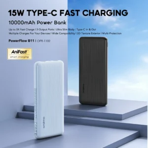 oraimo PowerFlow B11 10000mAh TYPE C Power Bank OPB 1102 1 Conçu pour vous accompagner partout, le <strong>Oraimo PowerflowB11</strong> est l’accessoire indispensable pour garder vos appareils chargés à tout moment, retrouvez ici ses caractéristiques  Disponible sur <em> </em><a href="https://bit.ly/App-PhonesStore-Android"><em><strong>Phones Store</strong></em></a><em><strong> </strong></em><em>U</em>niquement au meilleur prix du marché. Téléchargez l’application <a href="https://bit.ly/App-PhonesStore-Android"><em><strong>Phones Store</strong></em></a><em><strong> </strong></em>ici pour ne rien rater <ul> <li><strong>Model</strong>:  B11-OPB-1102</li> <li><strong>Capacité</strong>: 10000 mAh charge rapide de 15W</li> <li><strong>Type-C Entrée et sortie</strong> : Le même port est utilisé pour l'entrée et la sortie</li> <li><strong>Ports</strong> : 2 × USB-A + 1 × Type-  <strong>C</strong></li> <li>Chargement simultané <strong>de 3 appareils</strong> : Chargez jusqu'à 3 appareils en même temps</li> <li><strong>Indicateur LED</strong> : Affiche le niveau de la batterie</li> <li>Technologie AniFast <strong>™</strong> : La charge intelligente s'adapte à votre appareil</li> <li>Protection à 15 <strong>couches</strong> : prévient la surcharge, la surchauffe et les courts-circuits.</li> <li><strong>Design ultra-fin</strong> : léger et facile à transporter</li> <li><strong>Corps texturé 3D</strong> : Prise en main antidérapante et résistance aux rayures</li> <li><strong>Large compatibilité</strong> : Fonctionne avec les téléphones, les tablettes et les écouteurs</li> <li>Localisations <a href="https://bit.ly/AdressePhonesStore"><strong>Phones Store</strong></a></li> </ul> Ne tombez plus jamais en panne de batterie avec le puissant <strong data-start="131" data-end="166">Oraimo PowerFlow B11 | OPB-1102</strong>